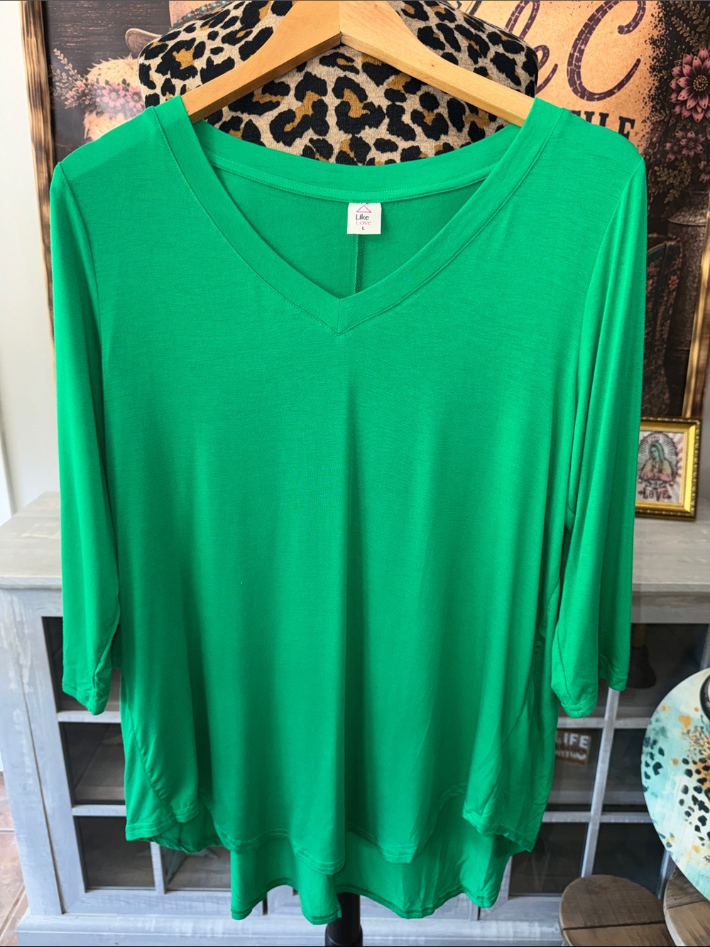 LIKE LOVE Women's V-Neck Long Sleeve Top - Green  Size Large